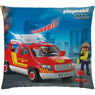 Playmobil Kissen City Action Feuerwehr 40x40 cm samtweiches Kuschelkissen mit Reißverschluss Rettungsfahrzeug Dekokissen Zierkissen Schmusekissen Kopfkissen Polster Autokissen pass. zur Bettwäsche