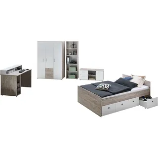 OTTO home Jugendzimmer-Set OTTO HOME "Jugendzimmer-Set »Riekke« 5-teilig", weiß (eiche, sand, nachbildung, weiß), ohne Matratze, B/H: 120cm x 200cm, Holzwerkstoff, Schlafzimmermöbel-Sets, Farblich abgestimmte Möbelserie