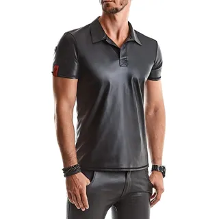 Herren T-Shirt schwarz aus Wetlook Material mit Stehkragen Männer Poloshirt Kurzarm Slim-Fit Form - 5XL
