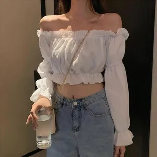 Wxbc Frauen Top Sexy Bluse Schulterfrei Top Langarm Club Party Shirt Puffärmel Rüschen Tunika Crop Top Sommer Tube Top-weiß,S