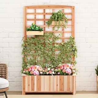 soges Blumenkasten mit Rankgitter, Pflanzkasten mit Spalier & Entwässerungslöchern, Natur Rankkasten Holz, Gartenspalier für Kletterpflanzen, Gartenbeet für Balkon Terrasse, 90×40×151 cm