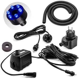 CLGarden Wasserspielpumpe Set SP1-S mit Licht blau, Dichtung, Schlauch, 12Volt Trafo für Springbrunnen Pumpe Miniteich 500l/h