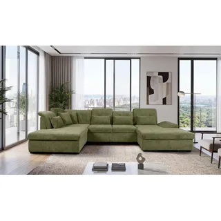 Hygger Möbelhaus Wohnlandschaft Oregon U-Form 370 cm Ecksofa wahlweise mit Schlaffunktion, Polsterecke 200/250 cm XXL U Wohnlandschaft inkl. Bettkasten Modern, inkl. 4 Kissen, Kopfstützen verstellbar, Sitztiefe, Armlehnen grün