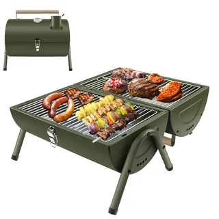 SunJas Holzkohlegrill K-GN22A Reisegrill Edelstahl Campinggrill mit Deckel Klappgrill Koffergrill Tischgrills Thermometer Abgaskanal - Grün