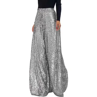 Pailletten Hose Damen High Waist - Weite Hose Damen Glitzer Hose Damen Elegant Haremshose Schlaghose Hochzeit Party Streetwear Freizeithose Weites Bein Lose Festliche Lange Hosen Frauen