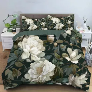 JEDTAKCT Bettwäsche 135X200Cm Bettbezug Set 3 Teilig Mit 2 Kissenbezügen, Muster Dunkelgrün Pfingstrose Magnolie Klassischer Garten Wende Bettwäsche Für Teenager Kinder, Aus Weiche Mikrofaser