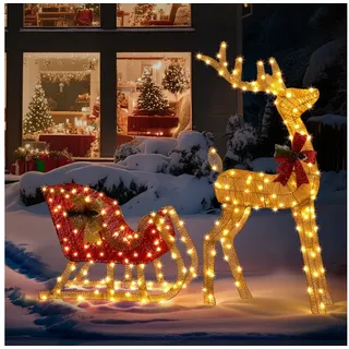 LALAHO Weihnachtsfigur LED Rentier mit Schlitten Weihnachtsbeleuchtung, mit 180 LEDs, Rentier Weihnachten Deko für Außen und Innen 120 cm