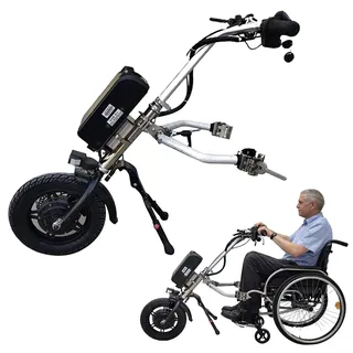 Rollstuhl Zuggerät (manuell-elektrisch), 500-W-Elektro-Handbike-Rollstuhlaufsatz, 3 Geschwindigkeiten + Frontlicht + Stoßdämpfersystem, 48-V-Akku (13 Ah/15 Ah/17 Ah), Reichweite 50/60/70 km A-15ah