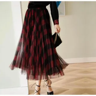 ZXCL Langer Karierter Tüllrock Frauen Mode 2021 Summte elegant Eine Linie Hohe Taille Falten geprüft Maxi Rock Weibliche Damen Grün-Red Black,One Size