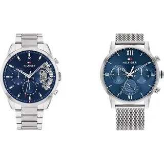 Tommy Hilfiger Multi Zifferblatt Quarz Uhr für Herren mit Silbernes Edelstahlarmband - 1710448 & Multi Zifferblatt Quarz Uhr für Herren mit Silbernes Edelstahl-Mesh-Gliederarmband - 1791881