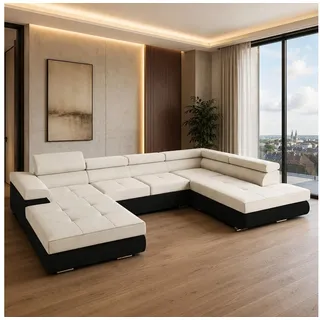 Goldstoff Wohnlandschaft RELAX U Ecksofa mit Schlaffunktion, Kunstleder & Samt, 345 × 205 cm, zwei Bettkästen, verstellbare Kopfstützen beige|schwarz
