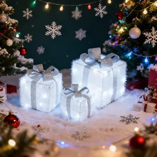 CCLIFE LED Geschenkbox 3er Set Kaltweiß Lichterkette mit Netzstecker | 3 kaltweiß beleuchtete Geschenkboxen mit Netzstecker und Lichterkette für Weihnachtsdeko, Wohnzimmer und Fensterbank