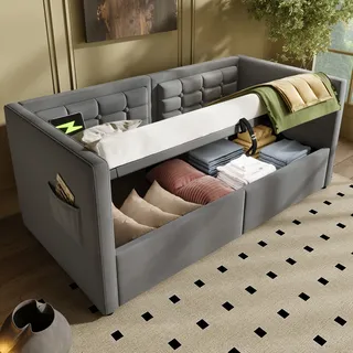 Daybett 90×190 Cm, Einzelbett Mit Hydraulischem Bettkasten, Usb, Type C Und Aufbewahrungstaschen, Ohne Matratze, Samt, Grau