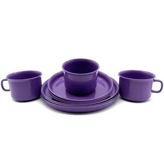 3 Stück Geschirr-Set Geschirrservice Kaffeeservice Plastikgeschirr Frühstücksset, besteht aus je 3 Tassen Untertassen und Teller, Kunststoff plastik, Mehrweggeschirr, Farbe violett