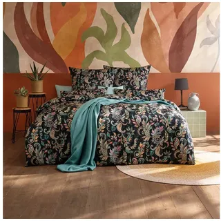 Estella Mako-Satin Blätter Schwarz 155 x 220 cm + 80 x 80 cm