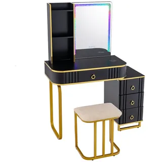 Costway Schminktisch, mit 14 dimmbaren LED-Leuchten, USB-Anschluss, Hocker schwarz