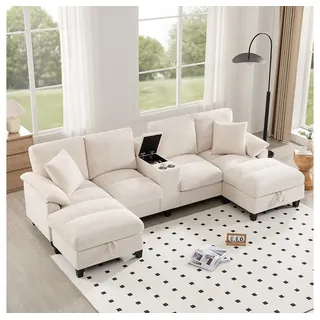 Sweiko Sofa 4-Sitzer-Sofa in U-Form, mit Cordstoff und Kissen, Stauraum, Getränkehaltern aus Edelstahl und zwei USB-Anschlüssen beige