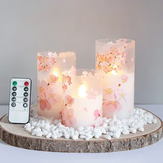 Mavandes Flammenlose Glas LED Kerzen mit Fernbedienung und Timerfunktion,Kirschblüte Batteriebetrieben Echtes Wachs 3er-Satz Warmes Feuer Elektrische Stumpenkerzen(7,5CM x 10 12,5 15CM)