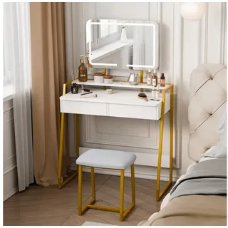 Mondeer Schminktisch mit LED Spiegel und Hocker, dimmbar, Weiß Gold | Metallrahmen, stabil. 2 Schubladen offene Ablage für Gegenstände. Dimmbare LED, perfekte Beleuchtung.Fürs Schlafzimmer.