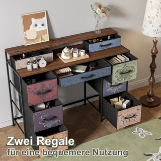Jookgbd-vintage-kommode 121x40x91 Cm, Stauraumkommode Mit 9 Schubladen Und 2 Offenen Fächern, Schminktisch Ohne Spiegel, Für Schlafzimmer, Holz, Metall,schwarz