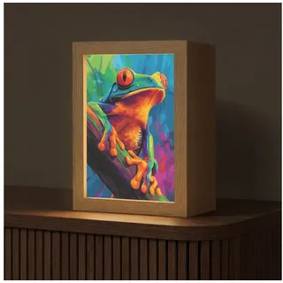 OnlyWow Tischleuchte Lightbox Frosch - Leuchtend bunt - Zweig - Regenbogen, Dimmbar, Farbwechsel, LED, Warmweiß, Kaltweiß, Neutralweiß Einstellbar, Tischlampe, Schreibtischlampe, Desk, Dimmbar, mit Kabel, LED bunt 15 cm x 8 cm x 20 cm