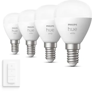 Philips Hue Vorteilspaket - E14 - mit 4 Kugel LED Lampen - Warmweißes Licht - inkl. 1 Hue Dimmschalter - Hue White