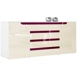 Vladon Sideboard Sylt (Kommode, mit 2 Türen und 4 Schubladen), Weiß matt/Creme Hochglanz/Brombeer Hochglanz (166 x 72 x 35) gelb