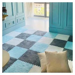 12 Stück – Plüsch-Puzzle-Schaum-Bodenmatte – Ineinandergreifende Teppichfliesen – Flauschige Puzzle-Matten, Quadratische Teppiche, 30 X 30 cm Große Schaumstoff-Bodenfliesen(Color:Weiß+Blau+Grau)