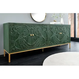 riess-ambiente Sideboard PEACOCK 175 cm grün / gold – Massivholz, Antik-Optik, 3D-Schnitzerei (Einzelartikel, 1 St), massiver Schrank mit Pfau-Design – ideal für Wohn- und Esszimmer grün