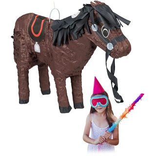 Relaxdays Pinata Pferd, Tierpinata für Kinder, zum selbst Befüllen, Geburtstag, Einschulung, Schlagpinata Pony, braun