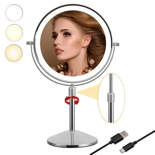TUSHENGTU kosmetikspiegel mit Beleuchtung und 10-facher vergrösserungsspiegel, LED, wiederaufladbar, 360° drehbar, drehbarer Kosmetikspiegel, 3 Farben (T840-C-10X)