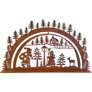 Edelrost Weihnachtliche Schwibbogen Dekoration, Winterlandschaft mit Schneemann, Metall Rostoptik, 60x35cm, Garten und Haus Weihnachtsdeko