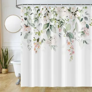 Uiiooazy Duschvorhang 180x180cm, Duschvorhang Anti Schimmel Grüne Blätter Rosa Blumen Pflanzen Duschvorhänge Stoff Waschbar Wasserdicht Polyester Blickdicht Bad Vorhang mit 12 Haken für Badezimmer