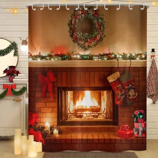 Hnmdmyi Duschvorhang Weihnachten 180x200, Kamin Bauernhaus Vintage Weihnachtsabend Strumpf Winter Xmas Urlaub Badewanne Vorhang Wasserdicht Polyester Stoff Waschbar Badevorhang mit Haken
