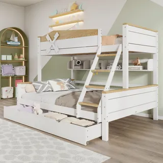 Merax Kinderbett Etagenbett für 2 Kinder, Hochbett mit 2 Schubladen und Lagerregal, Holzbett Stockbett Bettgestell mit Rausfallschutz und 2 Lattenrost, Windmühle, Weiß & Natur, 90x200cm & 140x200cm