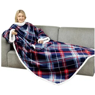 Wolldecke Kuscheldecke mit Ärmeln Fleece Sherpa Winterdecke Blau 140x180cm, LuxusKollektion