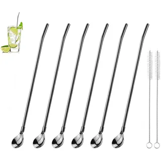 6 Stück Edelstahl Trinkhalm Trinkhalmlöffel lang Löffelstrohhalme | Wiederverwendbar, Metalllöffel, 2 Stück Reinigungsbürste, Für Smoothies, Milchshakes, Cocktail, Kaffee