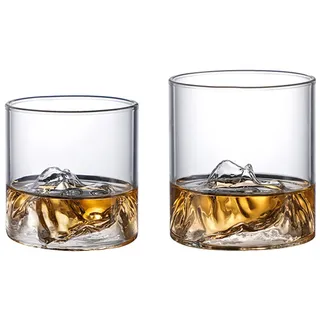 RESOYE Whiskey Gläser 2er Set mit Berg Aufdruck Mountain Rocks Glas Trinkgläser Old Fashion Glas Tumbler Teetassen für Scotch, Bourbon, Durchsichtig