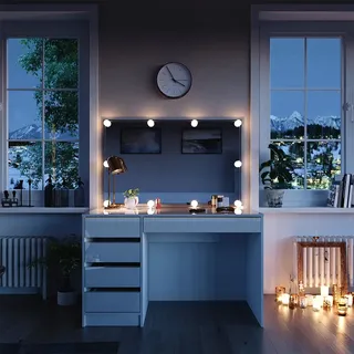 Vicco Schminktisch Sherry, Weiß/Gold, 120 cm mit LED Beleuchtung, mit LED-Beleuchtung und großem rechteckigem Spiegel