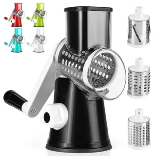 Dreamhigh® Käsereibe mit Kurbel, Gemüseschneider 3 Edelstahl Austauschbaren Trommelklingen, Manuelle Trommelreibe, Gemüsehobel, Starke Saugwirkung, Ideal für Gurken, Käse&Nüsse, Karotten, Schwarz