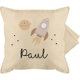 Kissenbezug - Weltall - Niedliche Rakete Weltraum Raumschiff - 50 x 50 cm - Beige Natur - kissen planeten space pillowcase nasa planet kissenhülle kinder kinderzimmer astronauten raketen kind