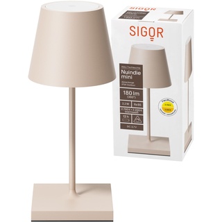 SIGOR Nuindie mini - Dimmbare kleine LED Akku-Tischlampe Indoor & Outdoor, IP54 spritzwassergeschützt, Höhe 25 cm, aufladbar mit Easy Connect, 12 h Leuchtdauer, dünenbeige
