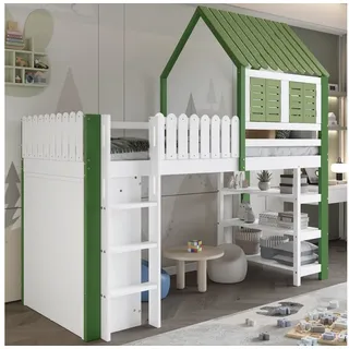 STILVORA Kinderbett 90x200 mit Stauraum,Hochbett mit Schrank und Lagerregal & Fallschutz (mit Dach & Fenster, mit Stauraum & Schrank, für Jungen & Mädchen, für Schlaf- & Spielzimmer, 90x200cm), ohne Matratze grün|weiß