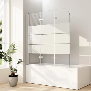 Duschwand für Badewanne 130x140cm 3-teilig Milchglas Streifen Faltbar Duschtrennwand Faltwand Badewannenaufsatz Duschabtrennung 6mm ESG Glas