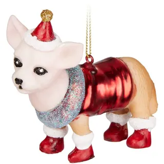 Brubaker Chihuahua Hellbraun Rot als Weihnachtsmann - Handbemalte Weihnachtskugel Hund aus Glas - Mundgeblasener Christbaumschmuck Figuren Lustig Deko Anhänger Baumkugel - 9,3 cm