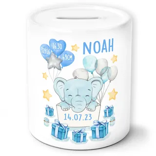 Spardose Geburt Junge personalisiert Geschenk mit Namen und eigenen Daten persönliches Geschenk Geschenkidee Baby Geburt Kind Taufe Sparschwein Sparbüchse (Weiß/Blau)