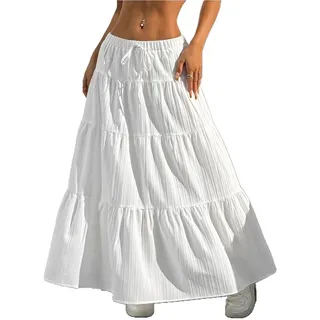 XFSRG Langer Rock Damen Sommer Hohe Taille Elastischer A Linie Elegant Lang Boho Maxirock Stufenrock Freizeitrock mit Kordelzug - XL