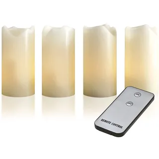 LED Kerzen 4er-Set mit Fernbedienung, LED Echtwachskerzen, echtes Wachs, batteriebetrieben, warmweißes, täuschend echt flackernde Kerzenflamme, Kerzen 10 cm hoch, Durchmesser 5 cm, Farbe Creme