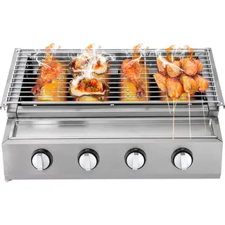 Gasgrill Camping, Kleiner Gasgrill mit 4-Schalter, Gasgrill Ofen aus Edelstahl mit Stahlabdeckung, Netzrahmen, Tischgrill, Balkon-Grill, Camping-Grill, 57 * 39 * 17.5 cm, Silber