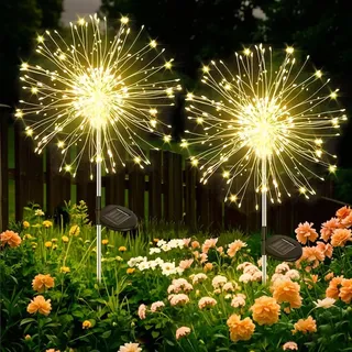 Solarleuchten für Außen Garten 2 Stück 120 LED Solar Pusteblume Gartenbeleuchtung, 8 Modi Solarlampen Gartenstecker Winterfest Solarlicht Feuerwerk